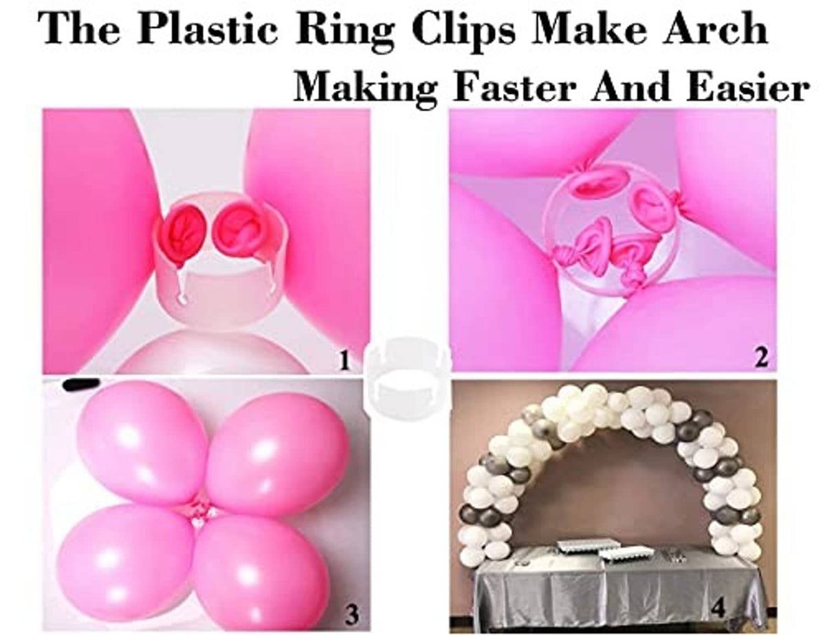 Plastic ring clips for balloon arch, showing clips attaching balloons to the frame