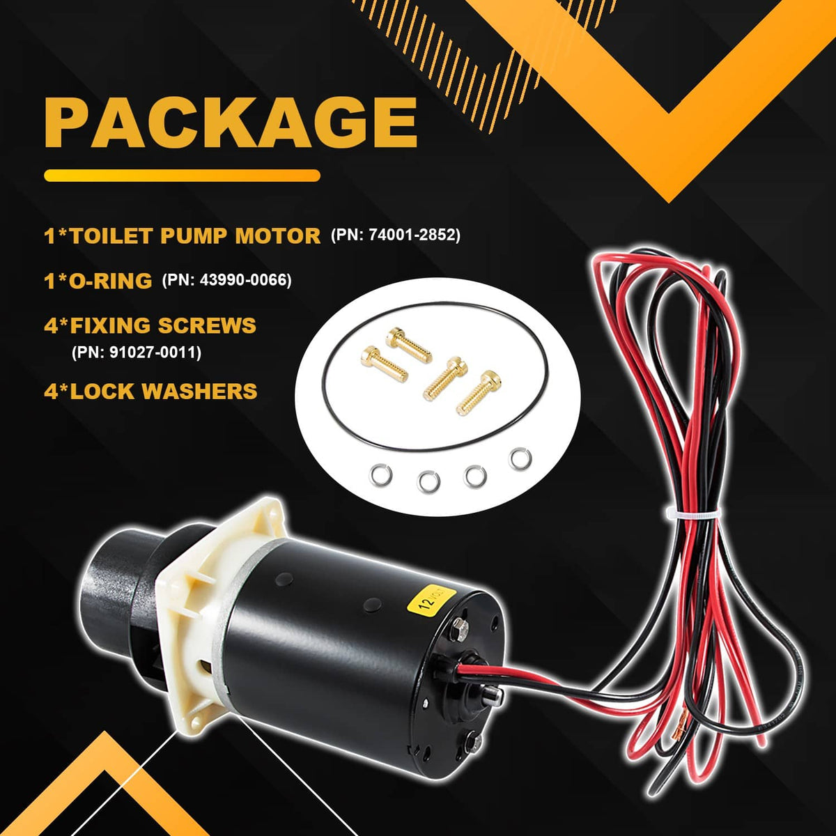 Toilet pump assembly kit package contents: pump motor, O-ring, screws, and lock washers