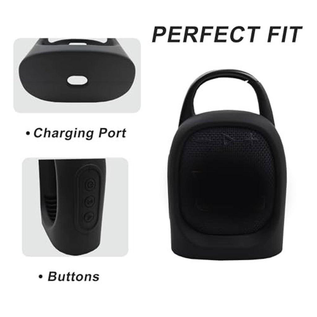 Black silicone speaker cover with cutouts for charging port and control buttons