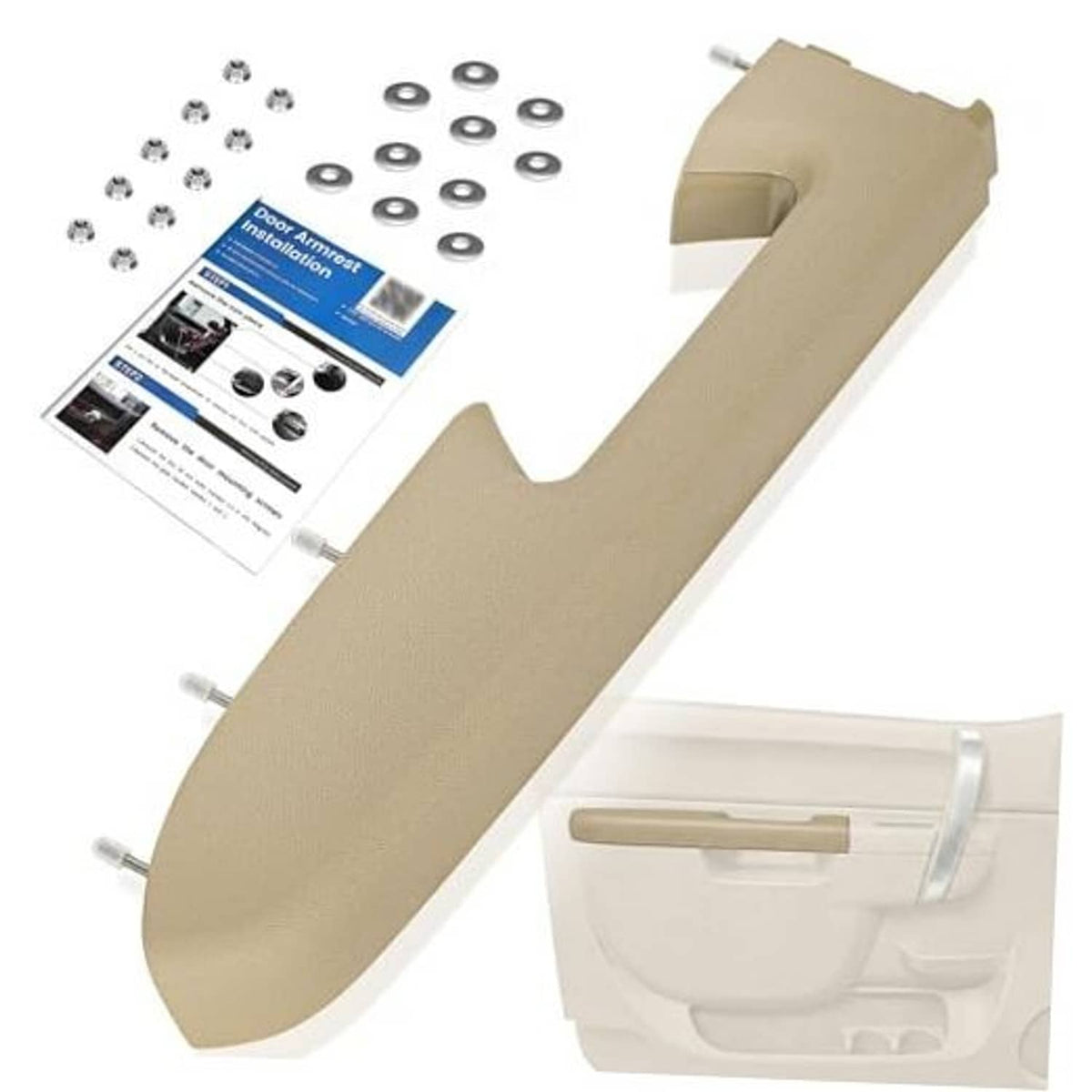 Beige armrest repair kit parts: armrest cover, screws, washers, instructions