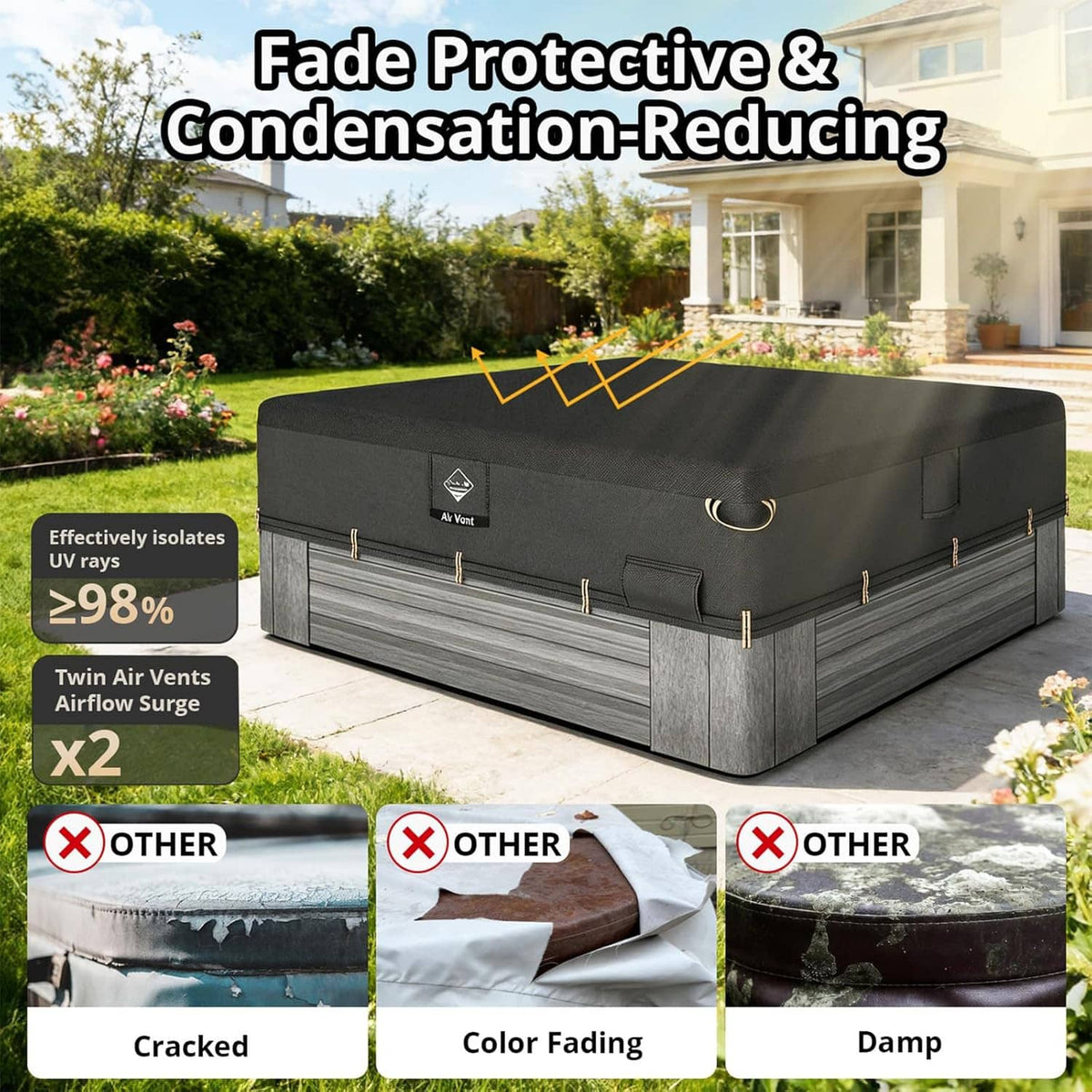 Black hot tub cover protector with gray base, double air vents, and tie-down straps