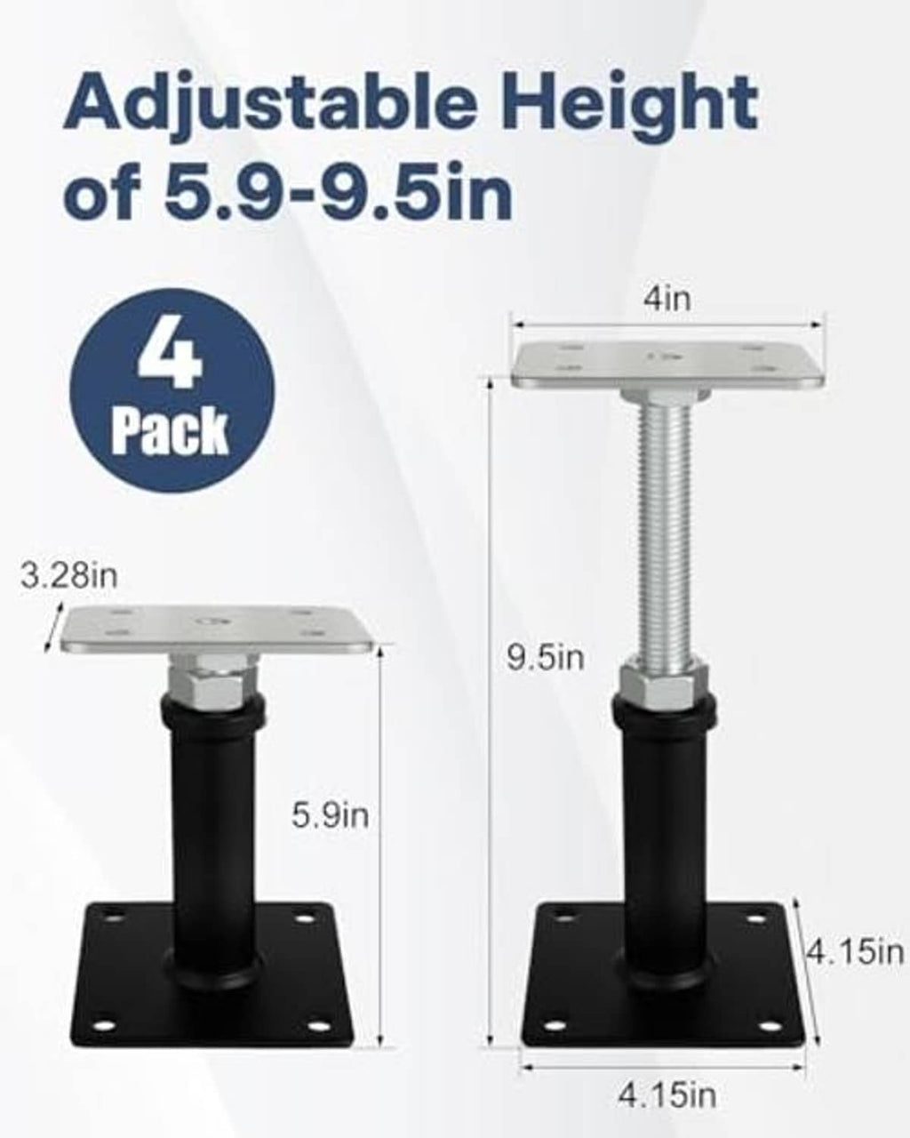 Set of four adjustable screw floor jacks with flat square plates and black posts