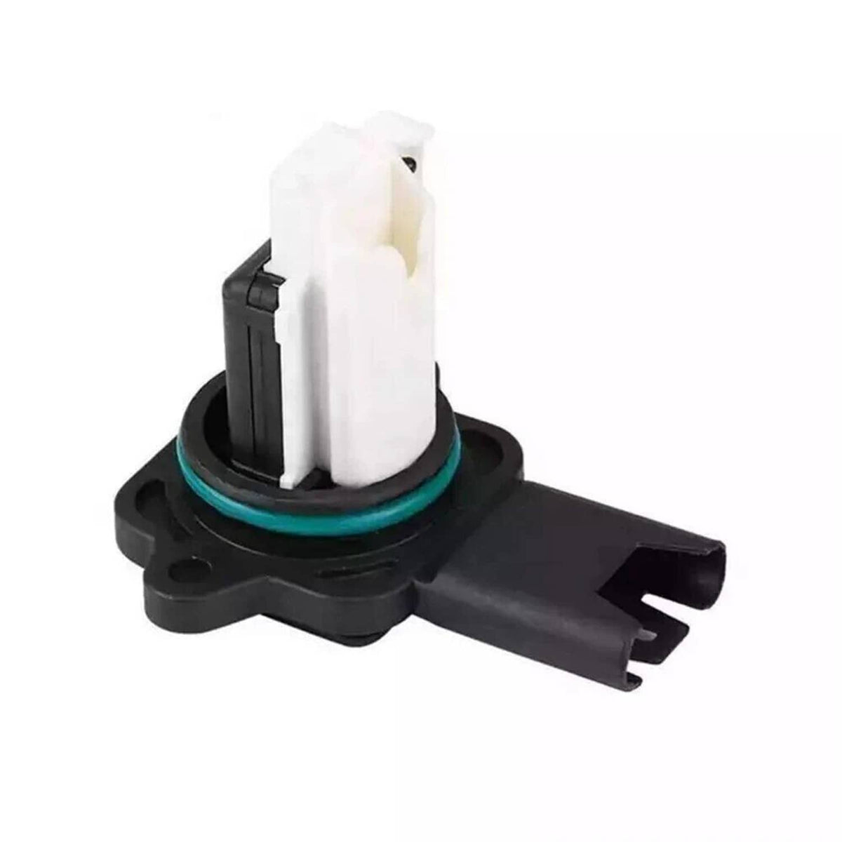 Mass air flow sensor with white top cartridge and black base, angled side view