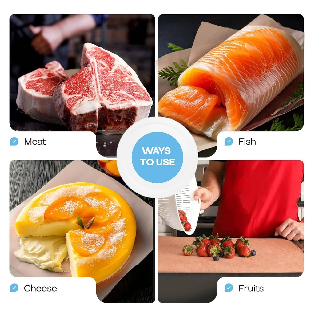 Brown freezer paper rolls used to wrap meat, fish, cheese, and fruits