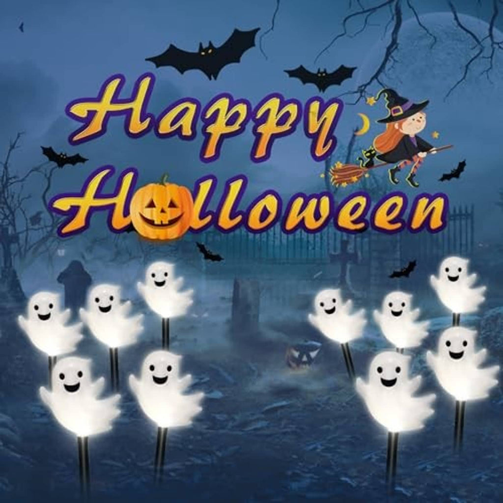 Glowing white ghost solar stake lights with smiling faces for Halloween