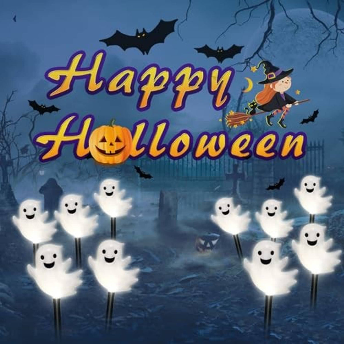 Glowing white ghost solar stake lights with smiling faces for Halloween