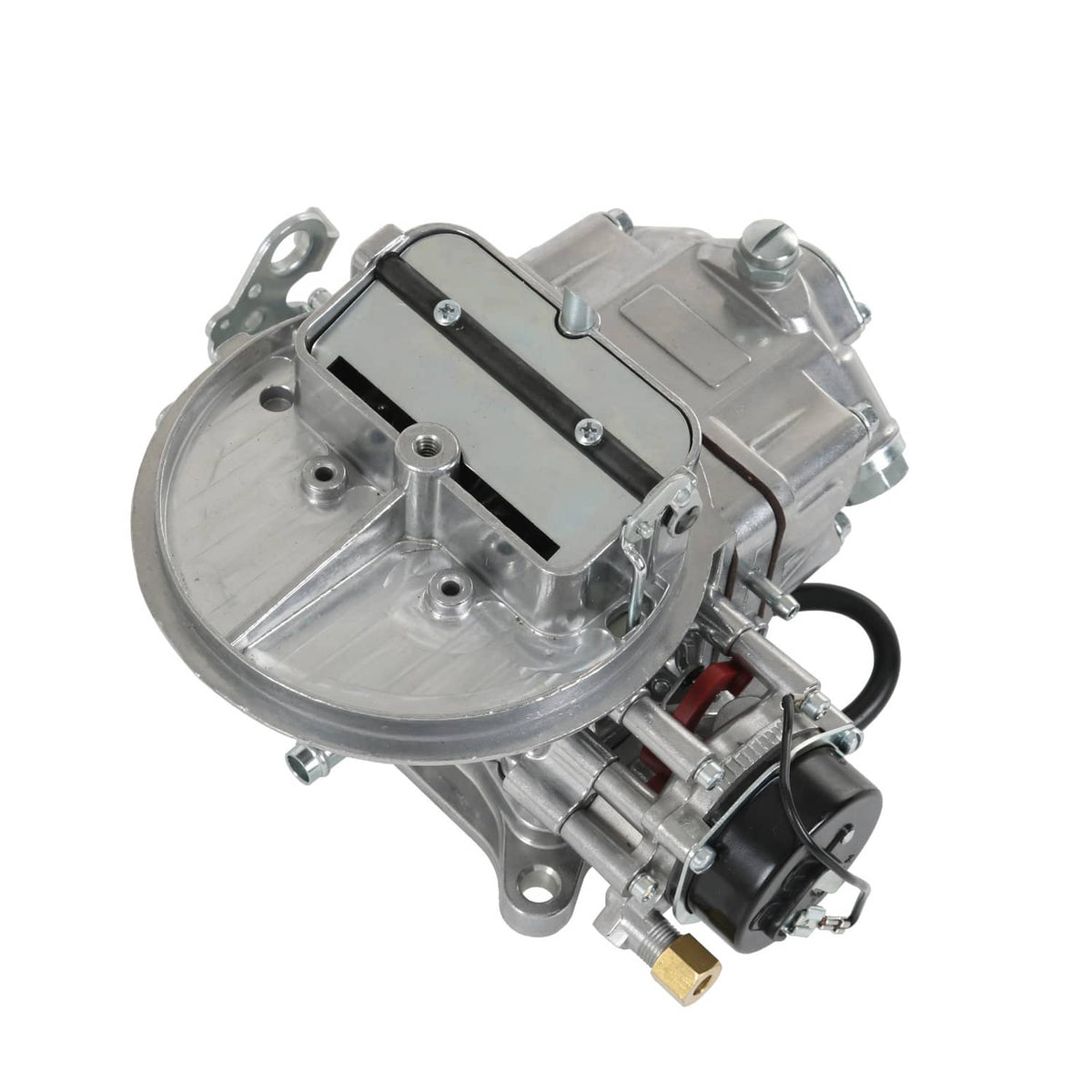 Two-barrel carburetor with electric choke housing and fuel fitting, angled view