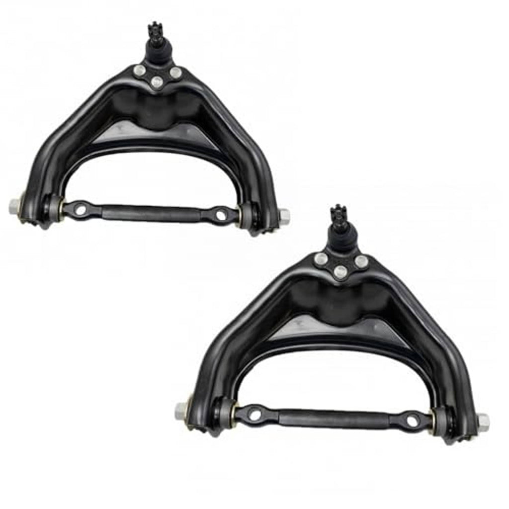 Pair of front upper control arms w/ ball joints, black metal, two angles