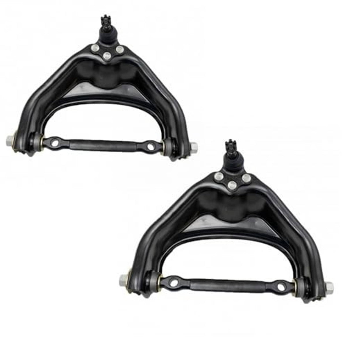 Pair of front upper control arms w/ ball joints, black metal, two angles