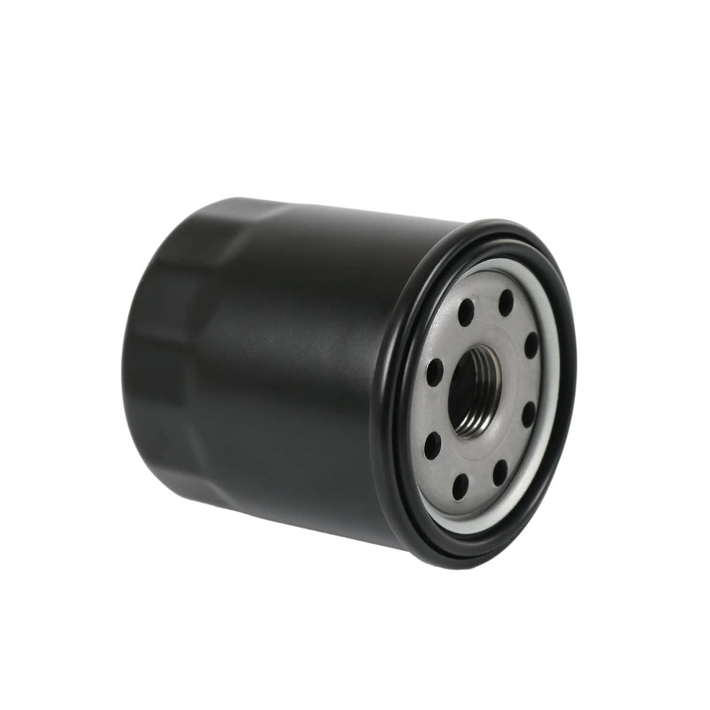 Hydraulic oil filter, black cylindrical housing with round metal end plate