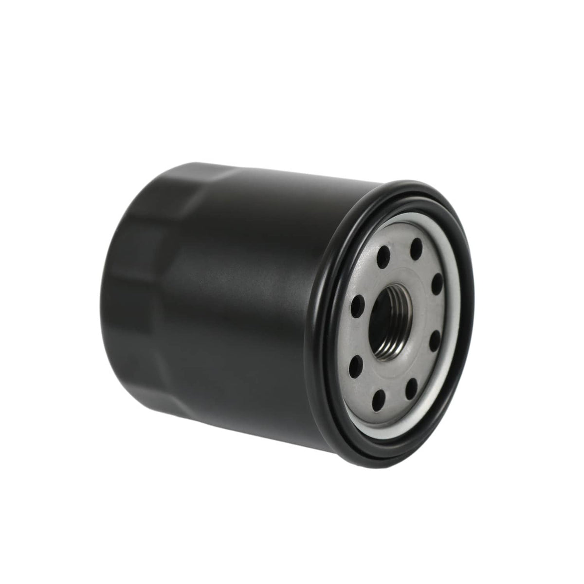 Hydraulic oil filter, black cylindrical housing with round metal end plate