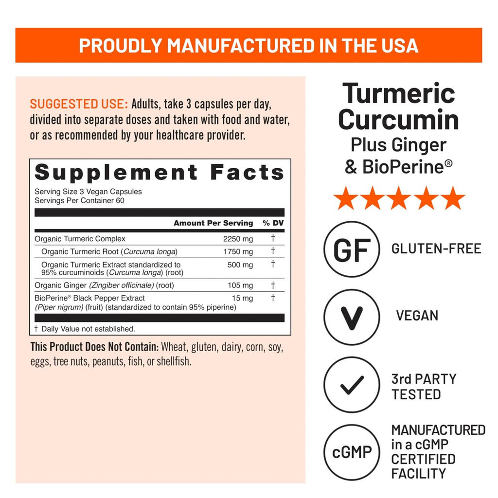 Supplement Facts panel for turmeric curcumin plus ginger and BioPerine
