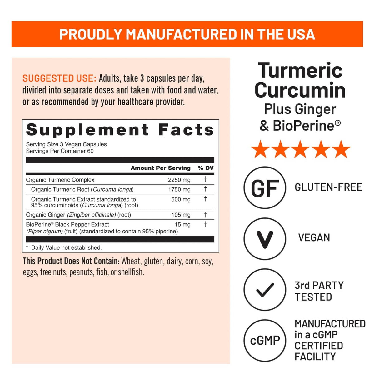 Supplement Facts panel for turmeric curcumin plus ginger and BioPerine