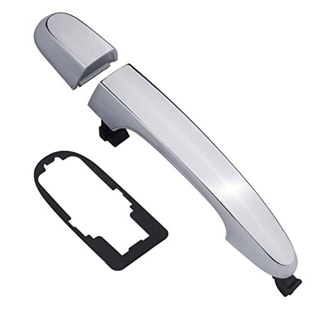Chrome exterior door handle with black mounting insert and gasket pad, detached bracket included