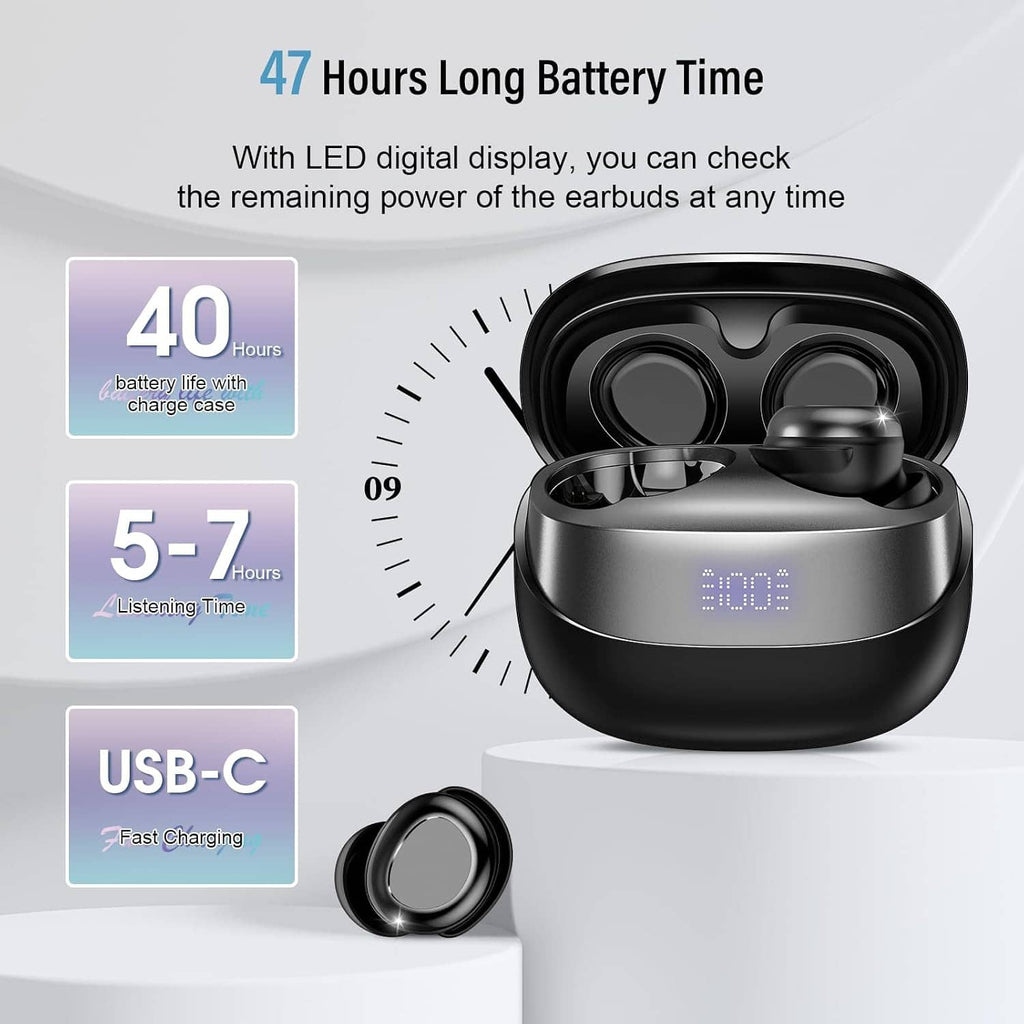Black sleep earbuds charging case with LED digital display and USB-C charging