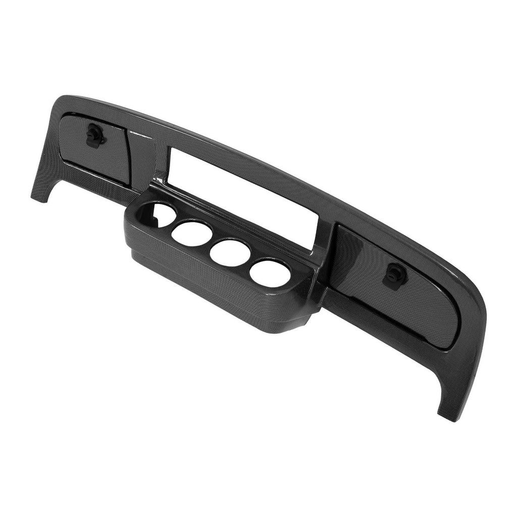 Carbon fiber style dashboard dash cover with textured face and three round cutouts