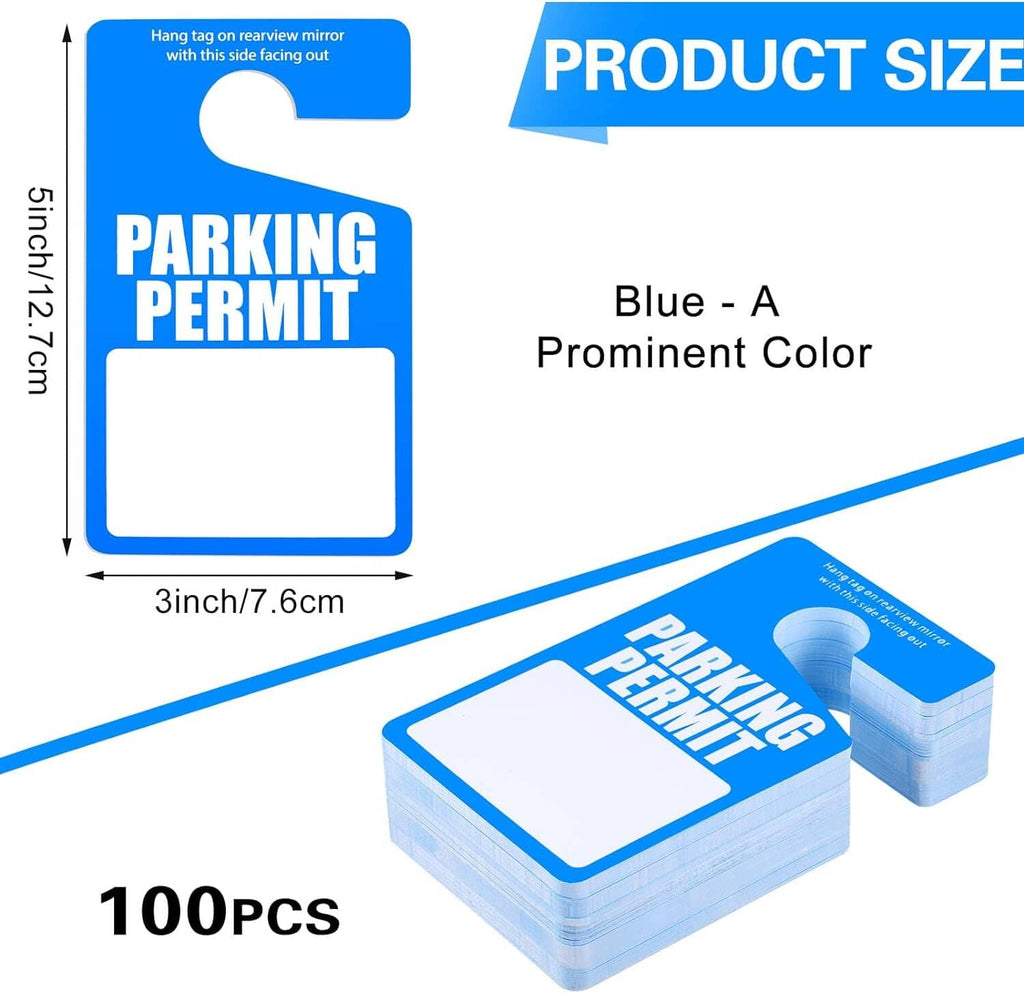 Blue parking permit hang tag with product size diagram and stack of tags
