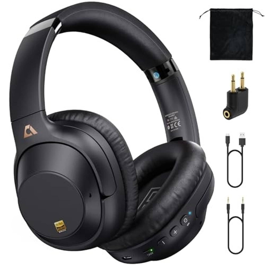Black over-ear wireless headphones with cushioned ear pads and side control buttons