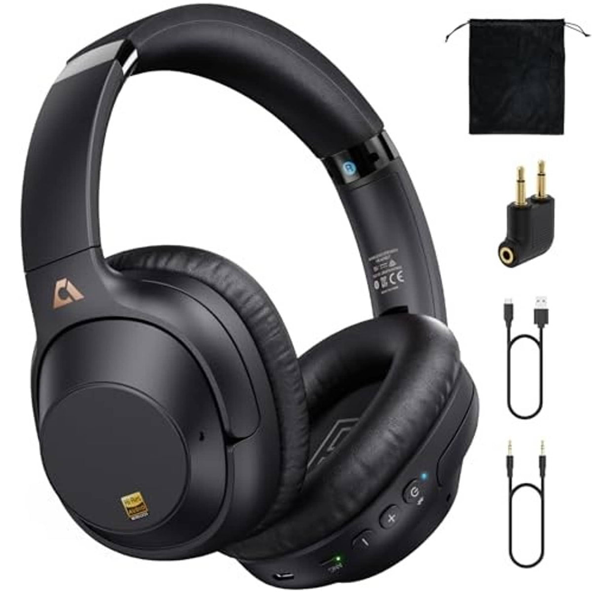 Black over-ear wireless headphones with cushioned ear pads and side control buttons