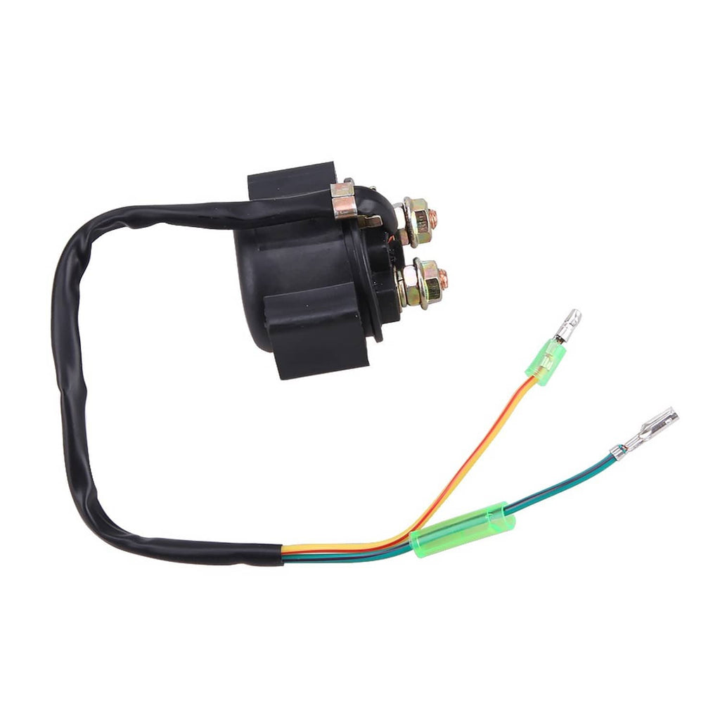 Starter relay solenoid with black housing, mounting bracket, and color-coded wires