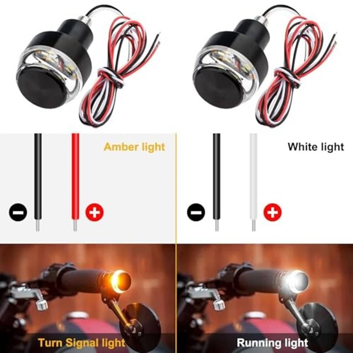 Pair of motorcycle LED turn signal bulbs with black housings and red/white wire leads