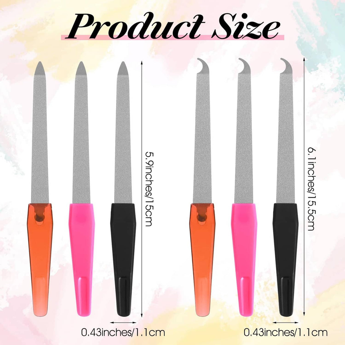 Six metal diamond nail files with gray abrasive strips and color-coded handles.