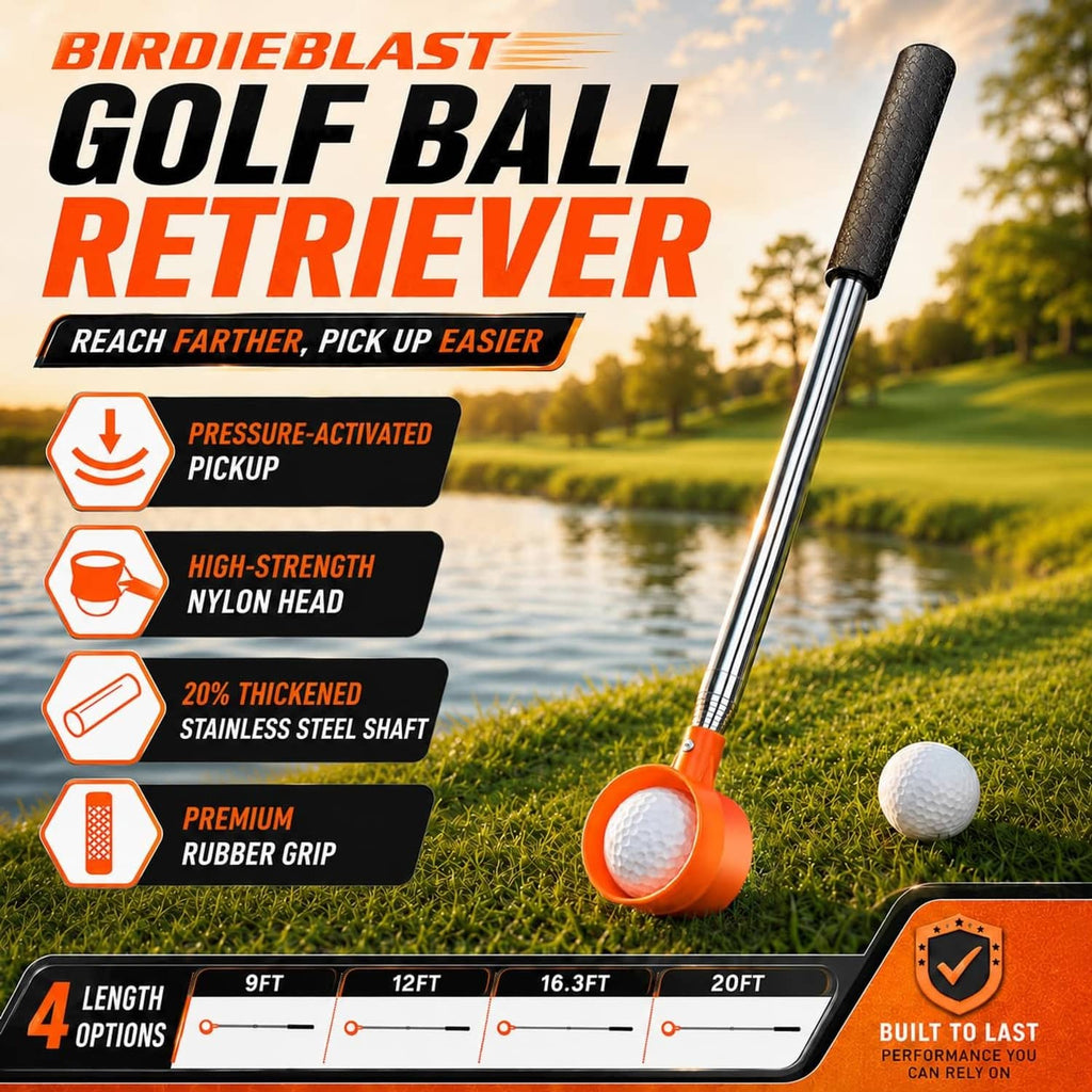 Orange golf ball retriever with pressure-activated scoop and telescopic shaft for water