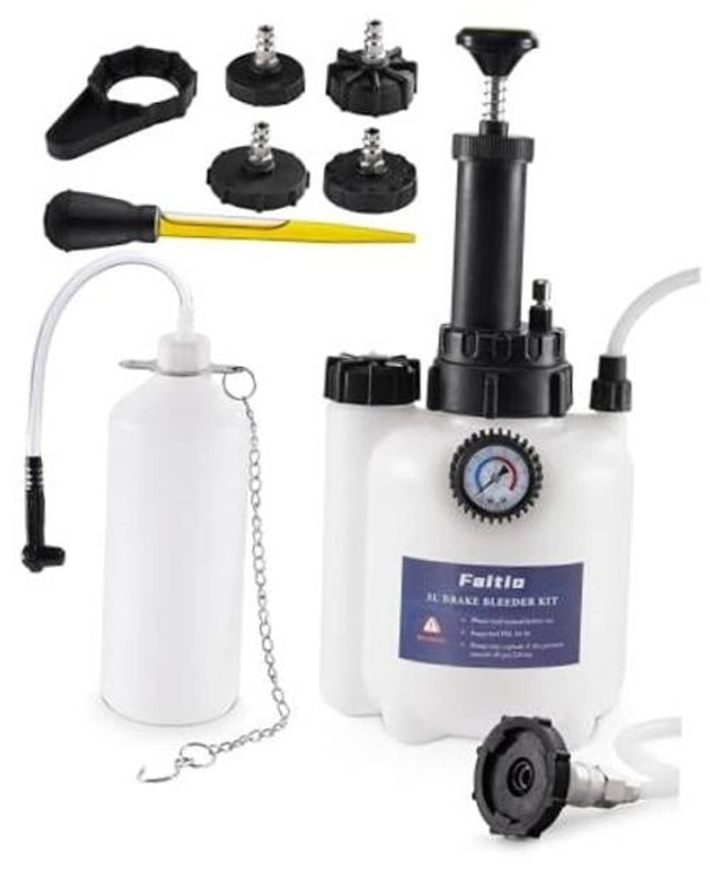 3L pressure brake bleeder kit with catch bottle, gauge, tubing, and adapters