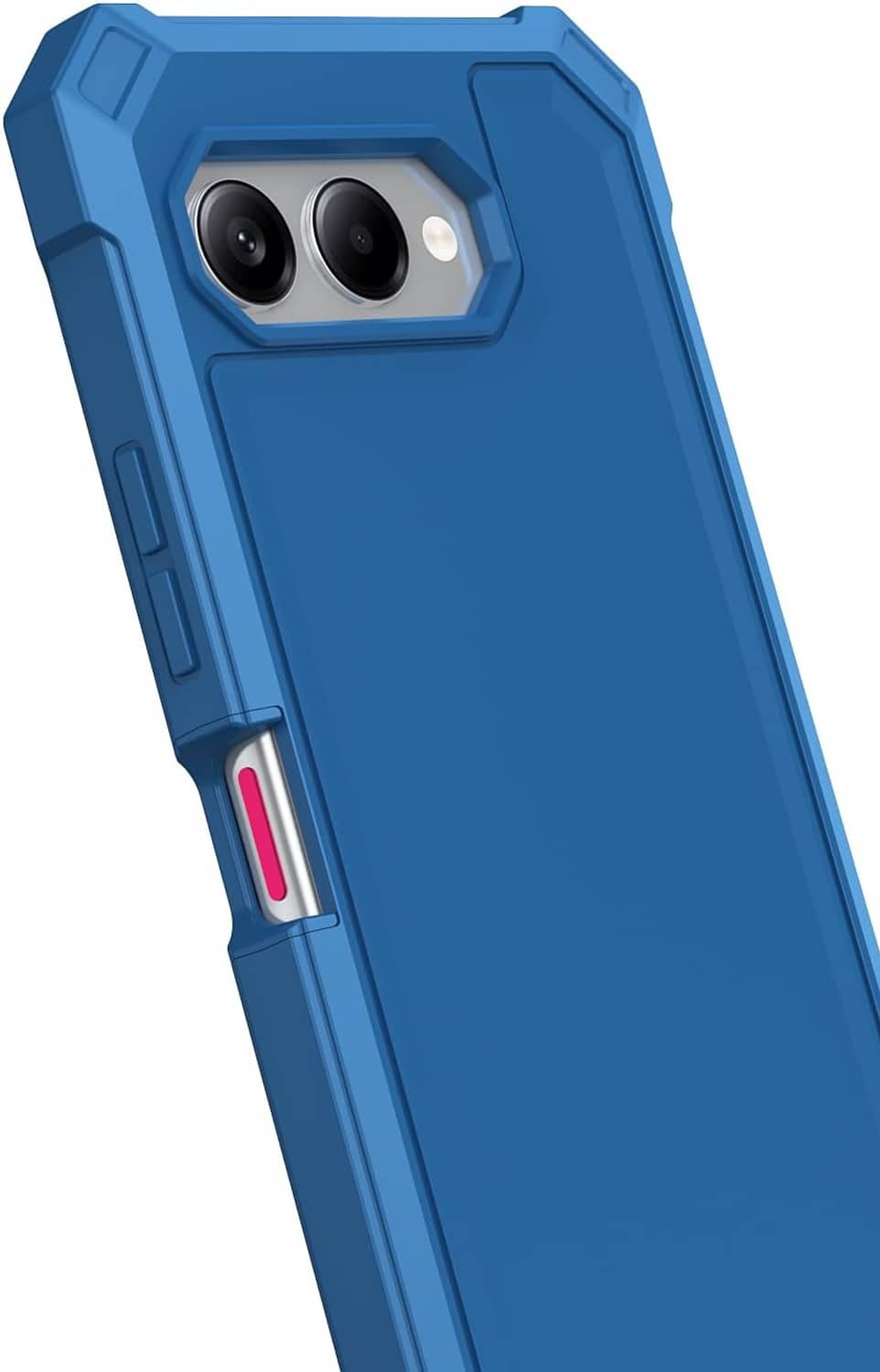 Blue rugged phone case back view with dual camera opening and thin accent strip