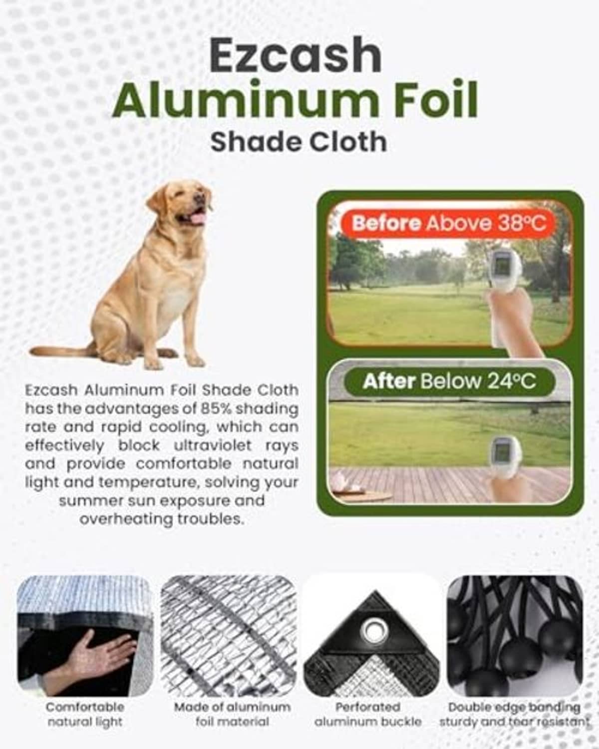 Reflective silver aluminum foil shade cloth for pets and vehicles, with usage graphics