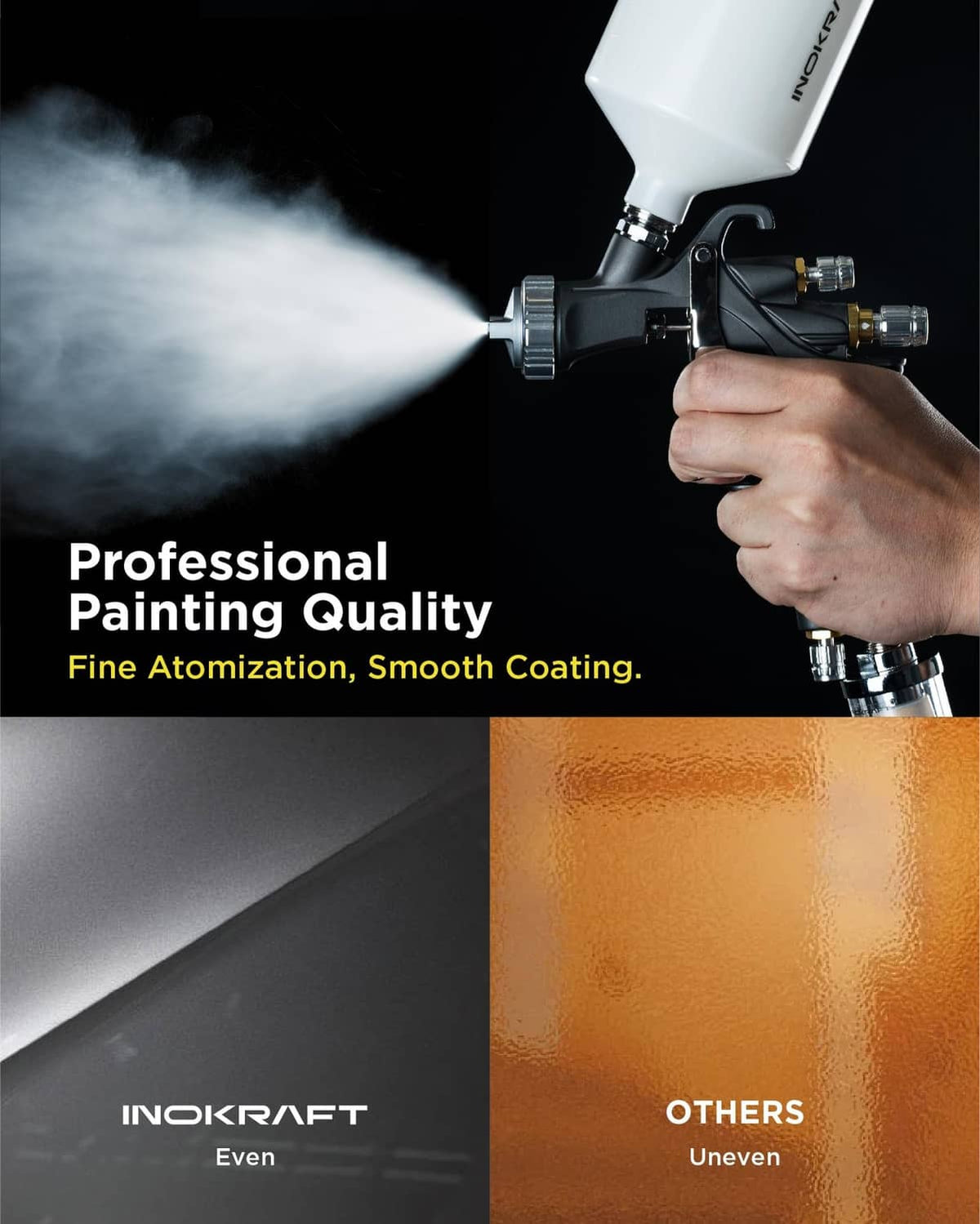 Air spray gun nozzle spraying fine mist with white paint cup
