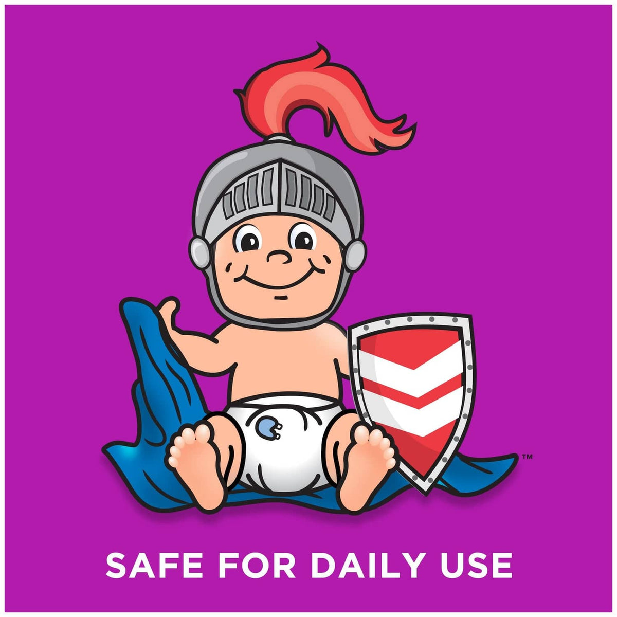 Kid illustration with shield and diaper on purple panel, 'Safe for Daily Use' text