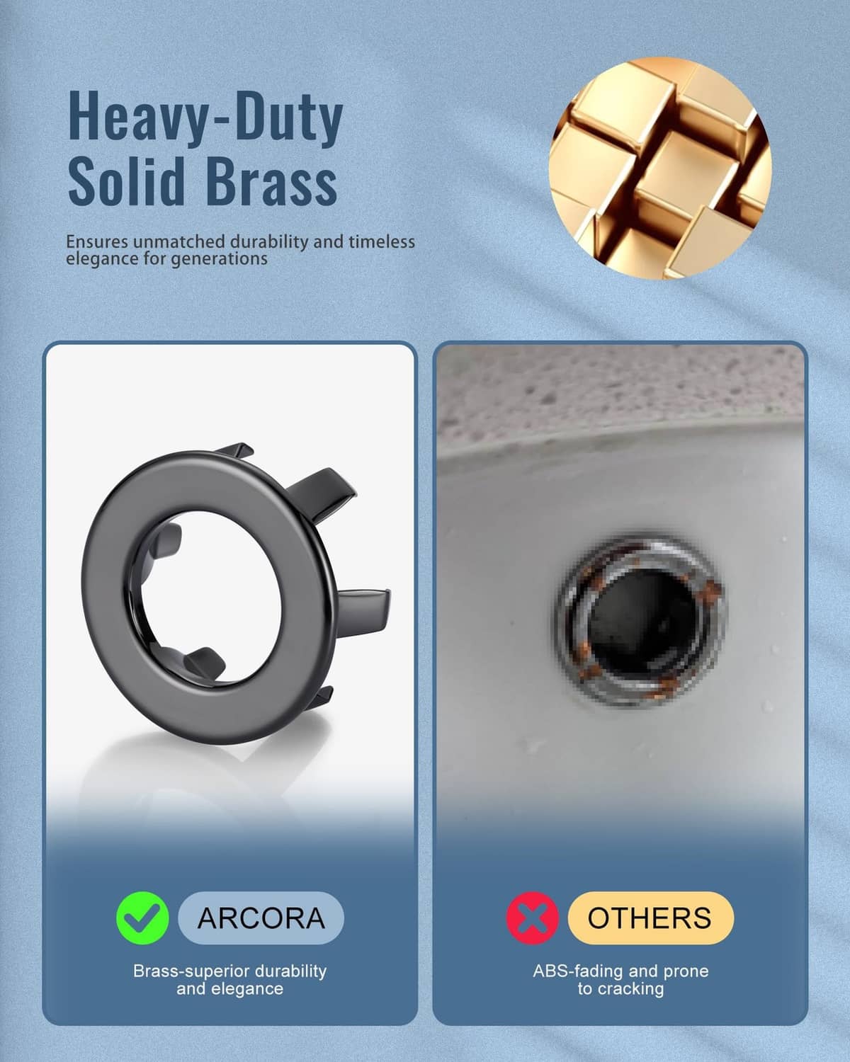 Pair of dark gray/black bathroom sink overflow rings with three support legs