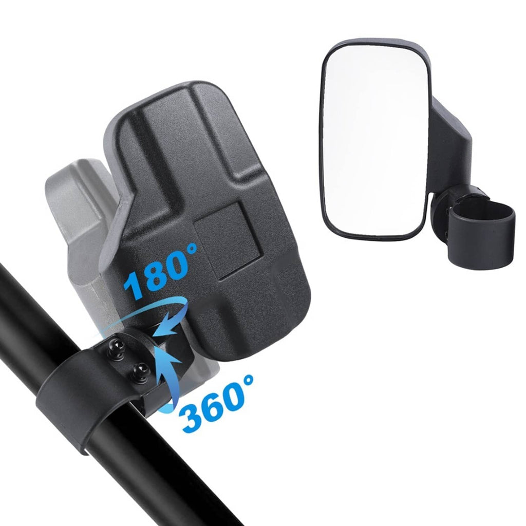 UTV side mirror showing adjustable tilt and swivel movement on a roll bar