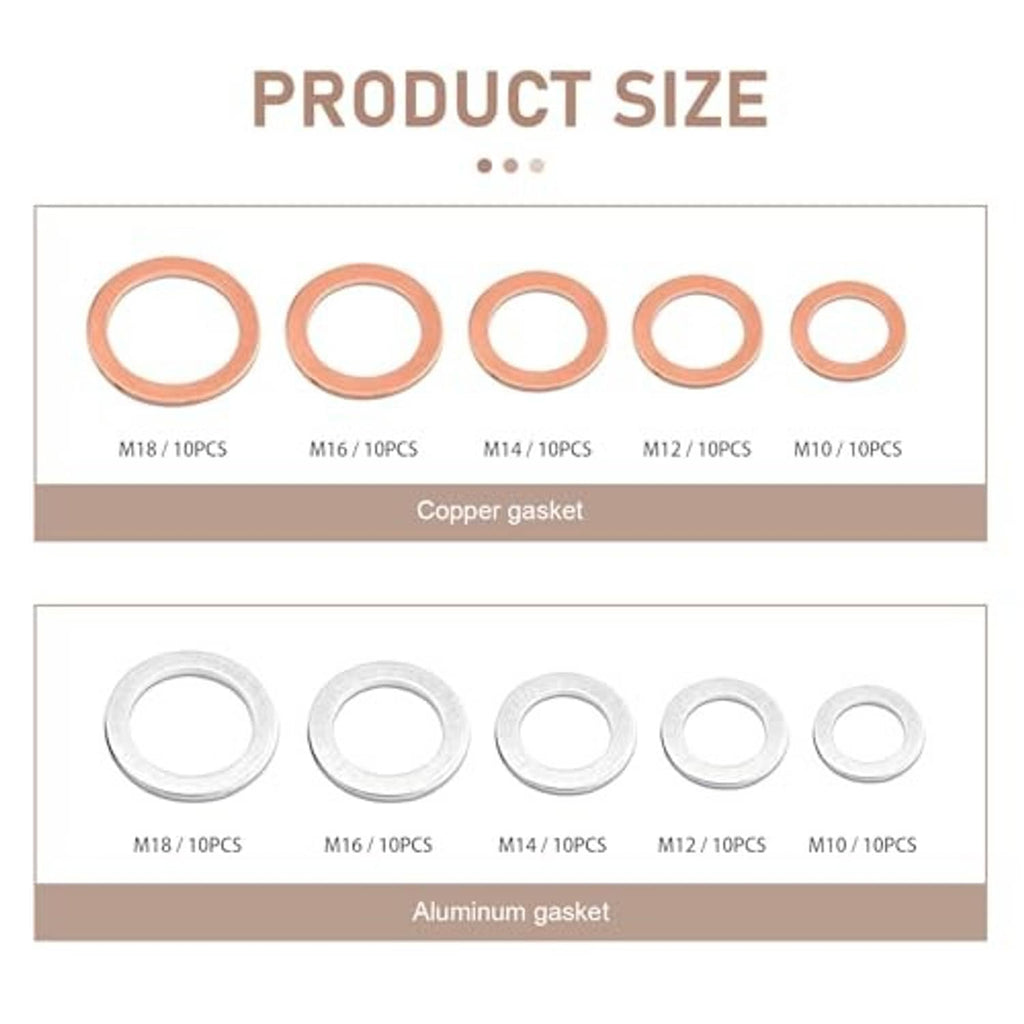 Oil drain plug gasket size chart layout with copper and aluminum crush washers