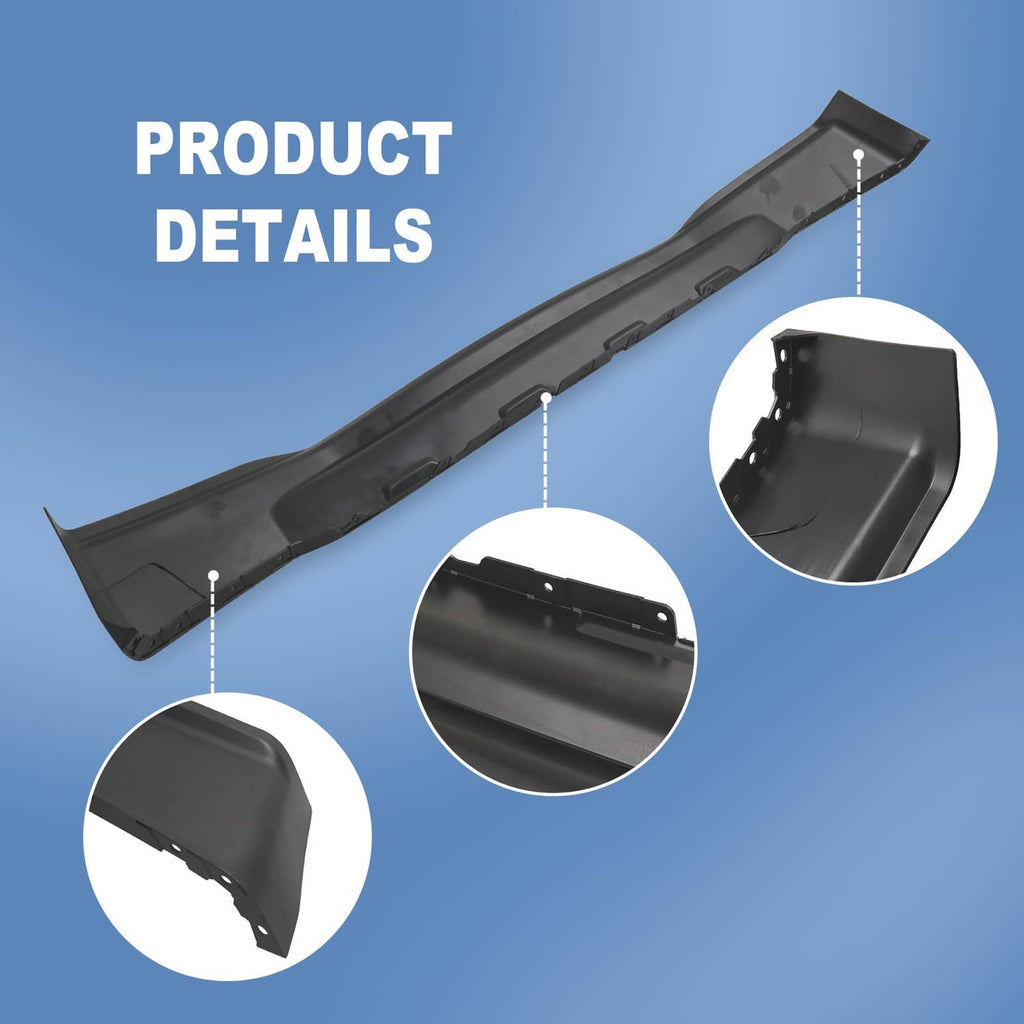 Front lower valance detail view, dark black plastic with top lip and mounting tabs.