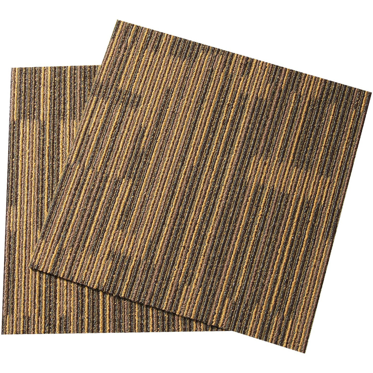 Stacked brown mixed striped carpet tile squares with textured cut pile surface