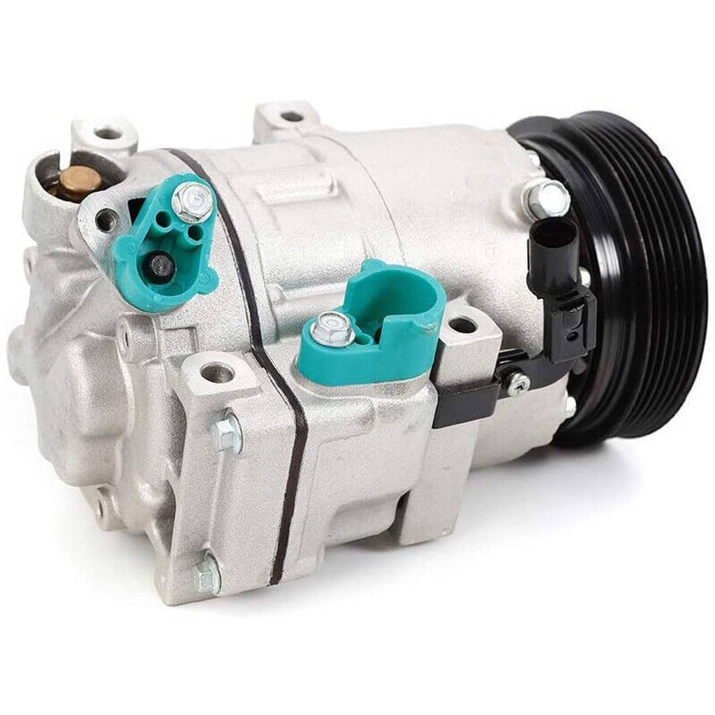 A/C compressor with clutch, side view of silver unit with black pulley and teal connectors