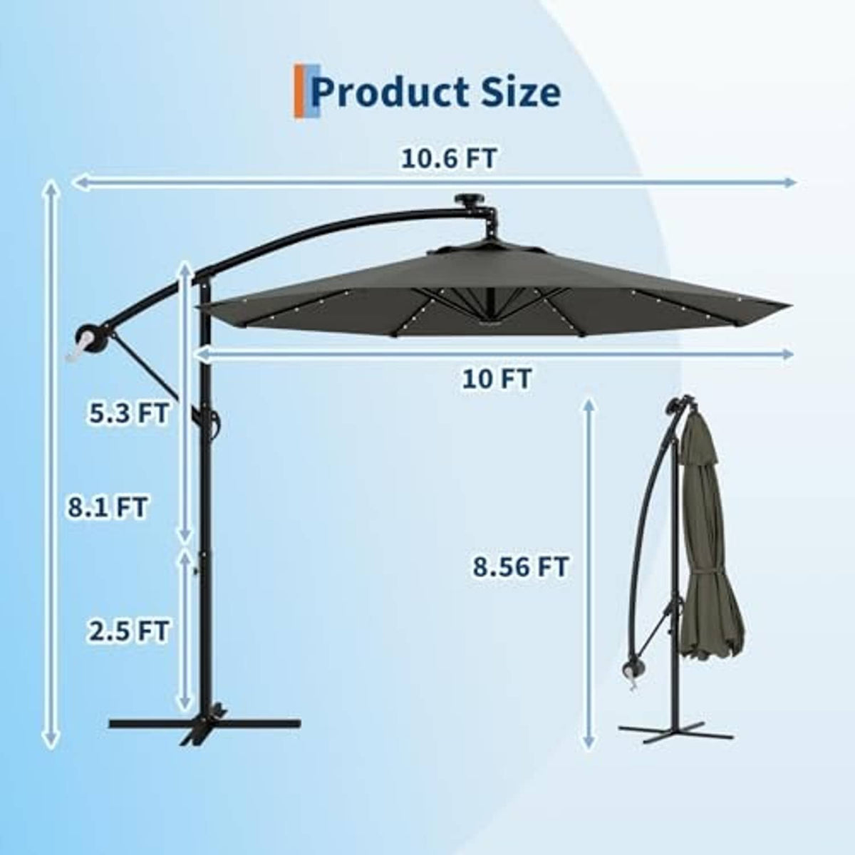 Offset patio umbrella size diagram showing 10 ft canopy and height clearance