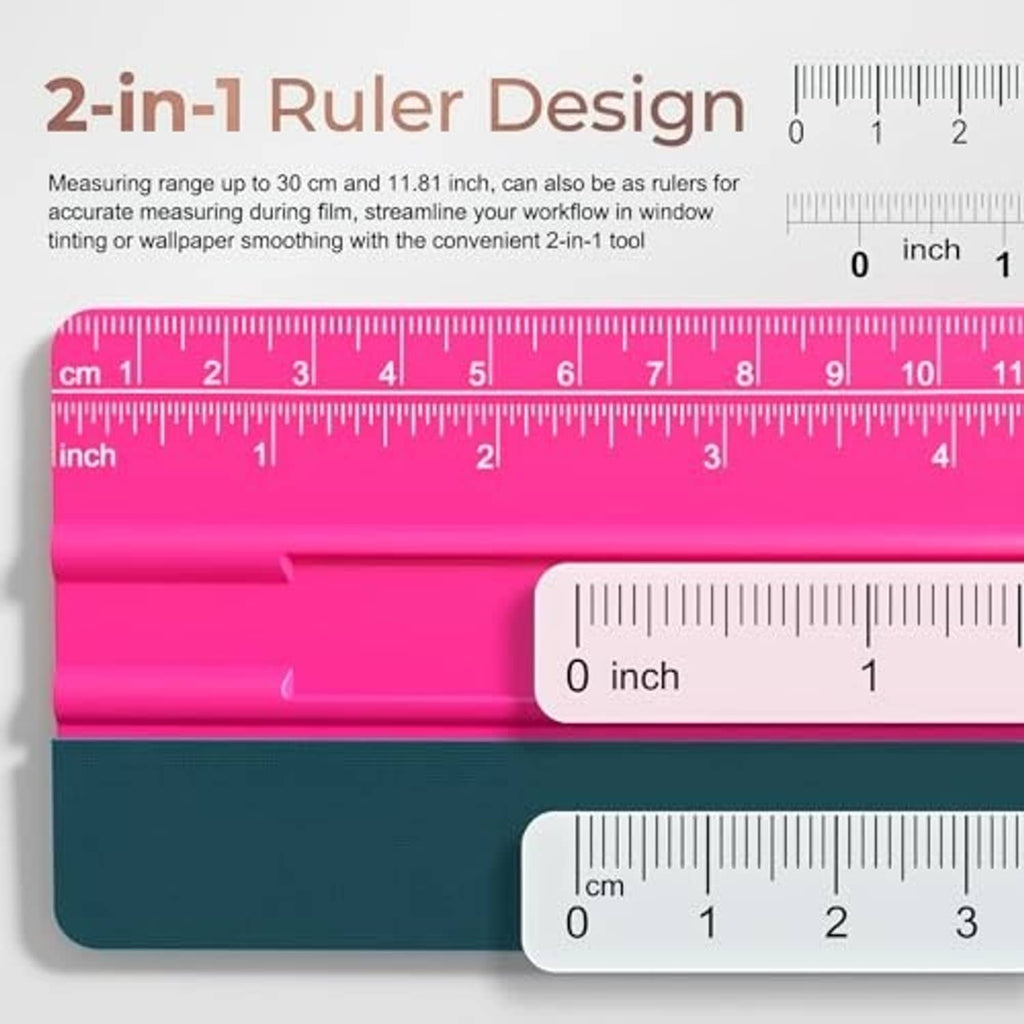 2-in-1 felt squeegee with dual scale ruler markings in inches and cm