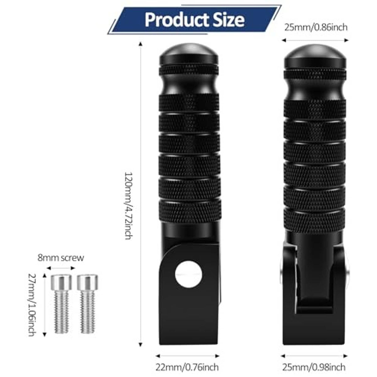 Black motorcycle foot peg size diagram with measurements and mounting screws