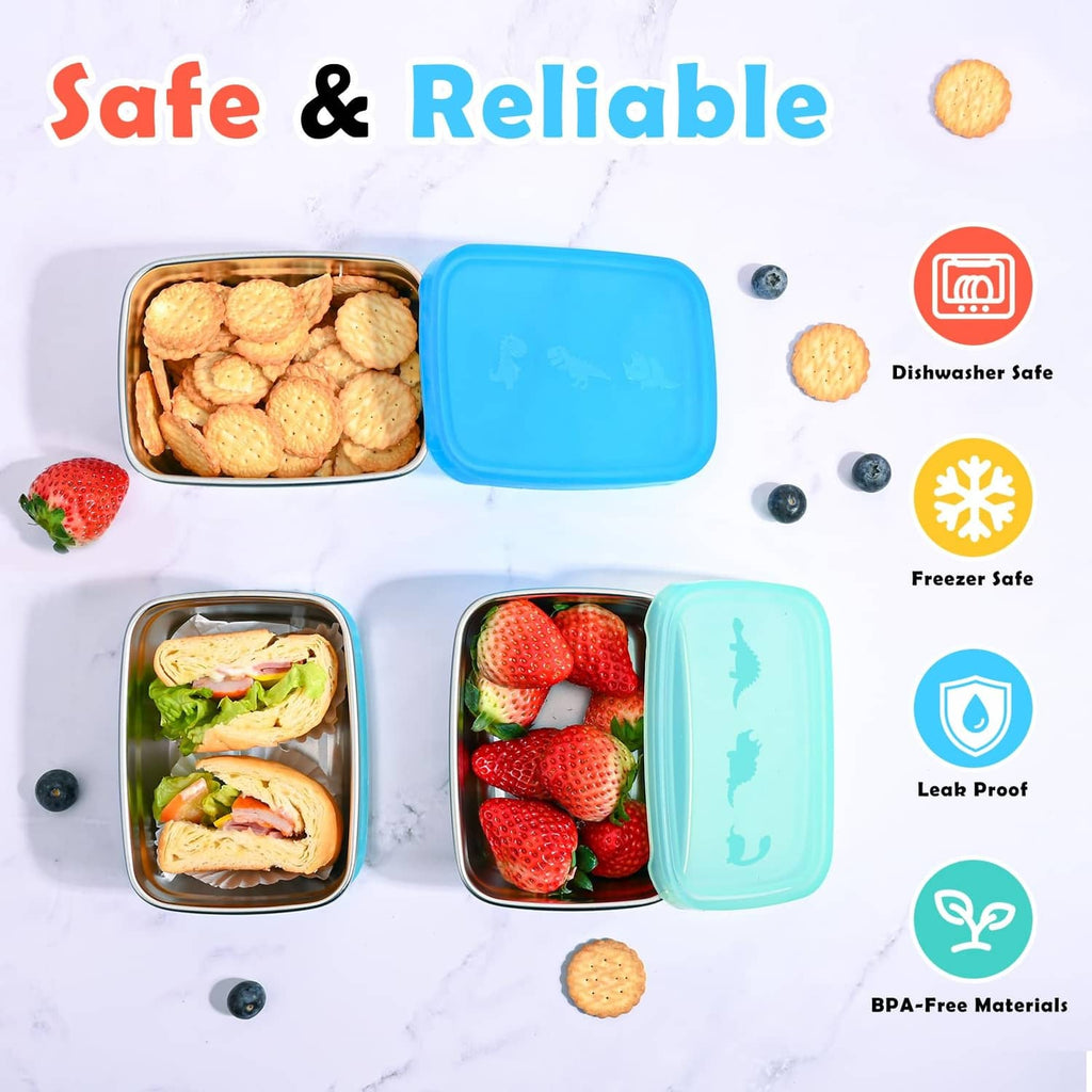 Tanjiae 3-pack stainless steel snack containers with blue and teal silicone dino lids