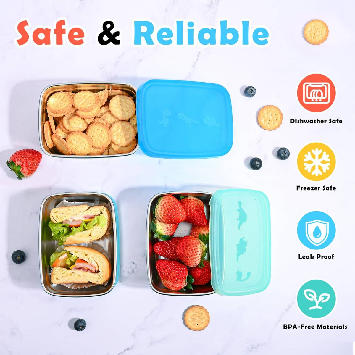 Tanjiae 3-pack stainless steel snack containers with blue and teal silicone dino lids