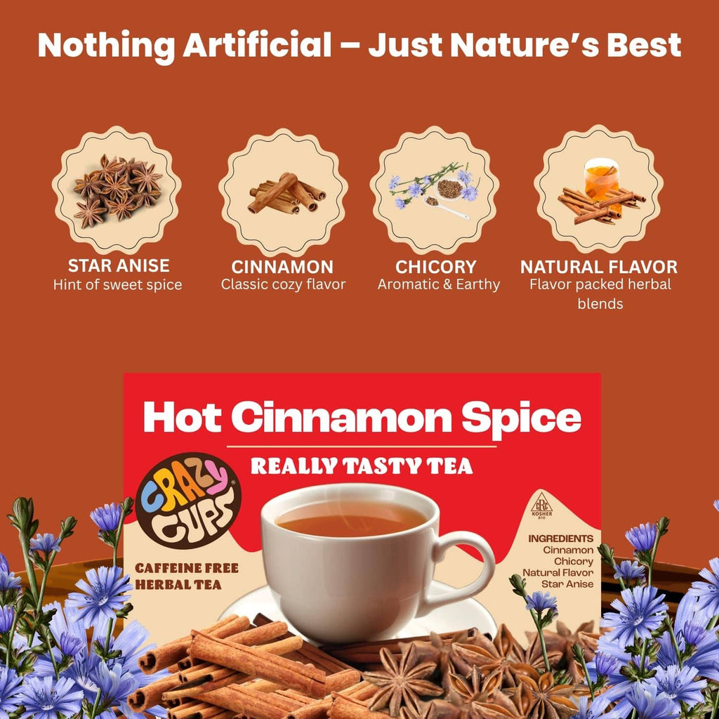 Hot Cinnamon Spice herbal tea pods box with cup and spice ingredient illustrations