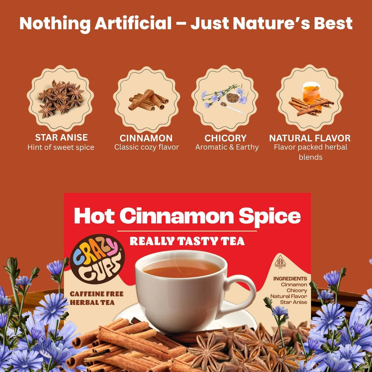 Hot Cinnamon Spice herbal tea pods box with cup and spice ingredient illustrations