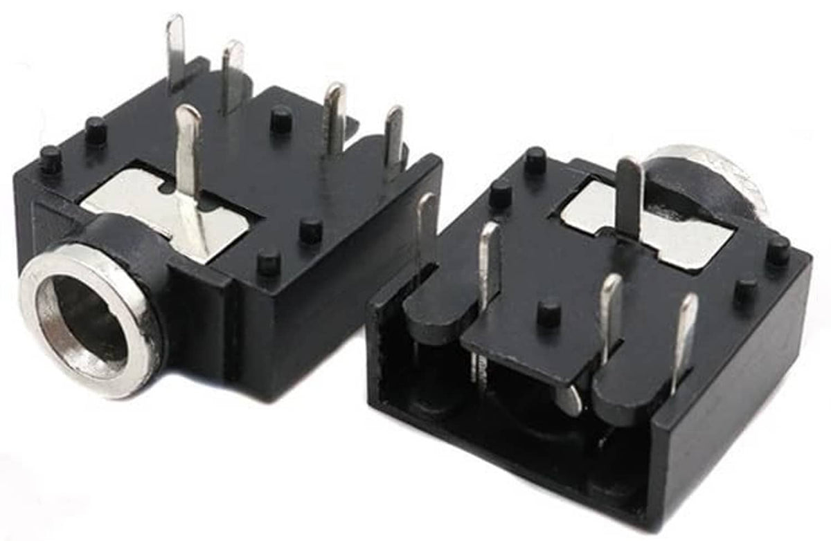 3.5mm stereo jack socket, 5-pin PCB-mount female, black, angled front/side view (2 pcs)
