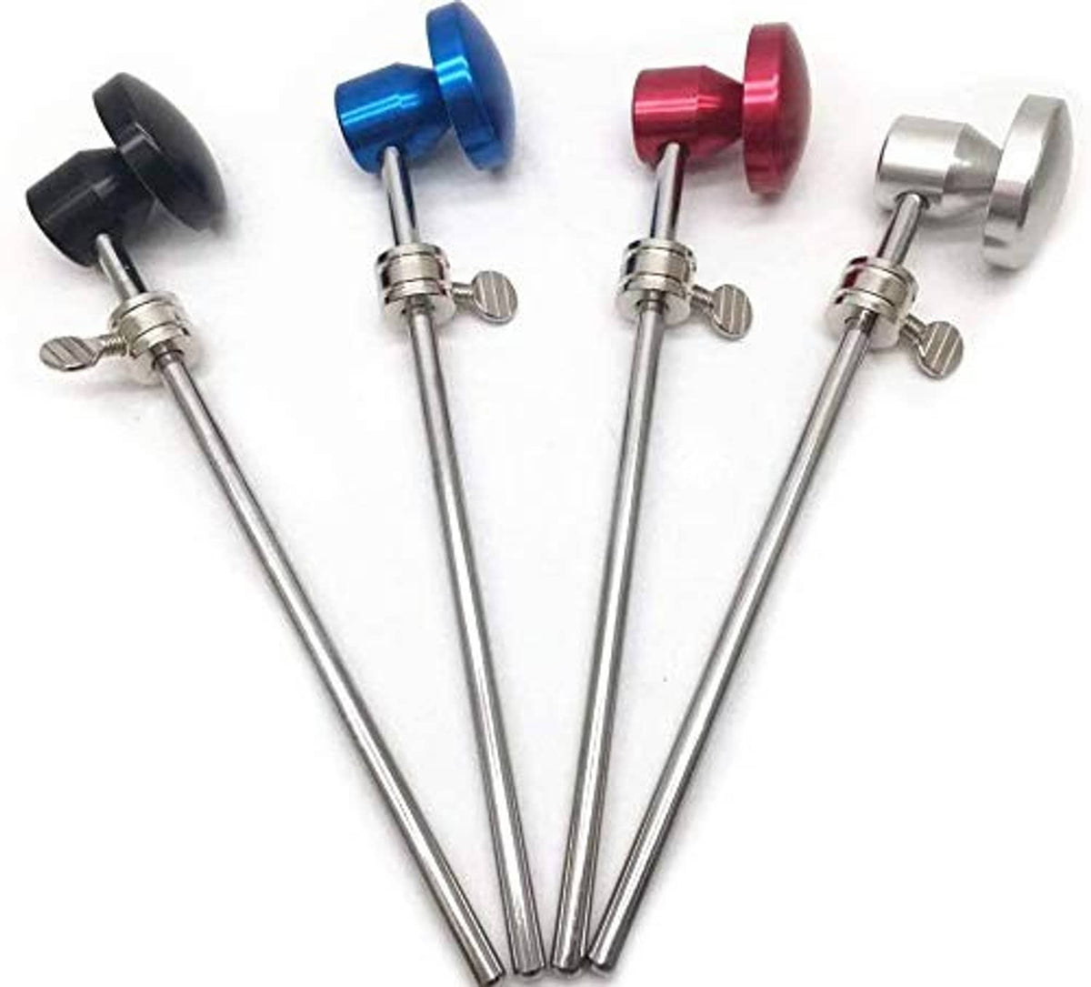 Bass drum pedal beater set with black, blue, red, and silver heads on metal shafts