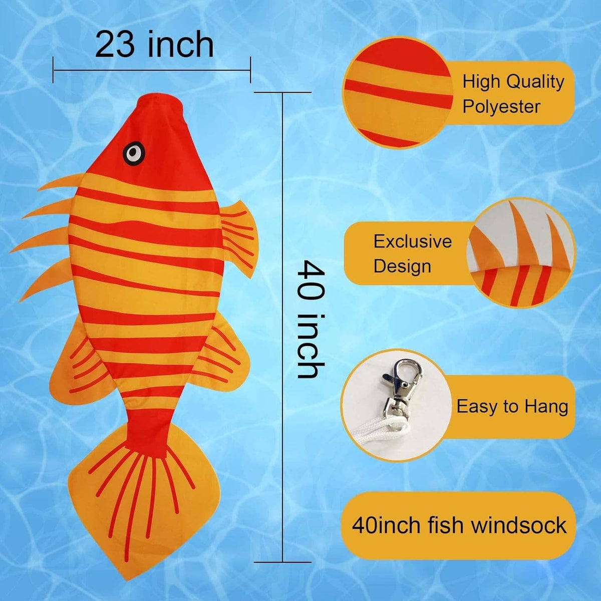 Red fish wind sock with orange striped fabric and grommet for easy hanging