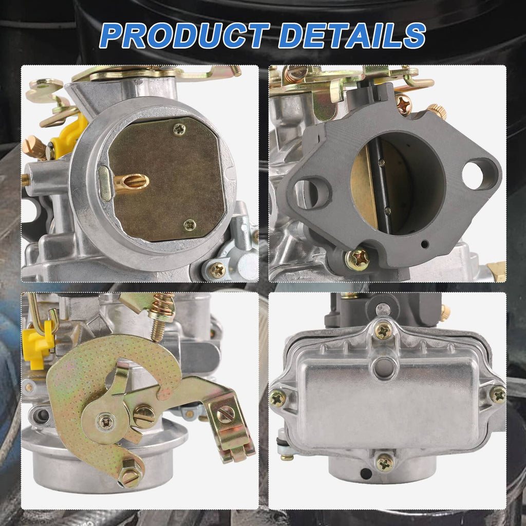 Carburetor detail view: air horn opening, linkage components, gasket surfaces, and side cover.