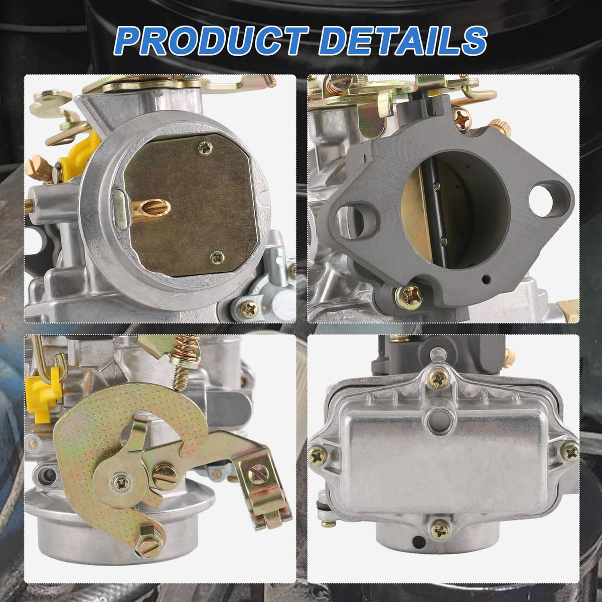 Carburetor detail view: air horn opening, linkage components, gasket surfaces, and side cover.